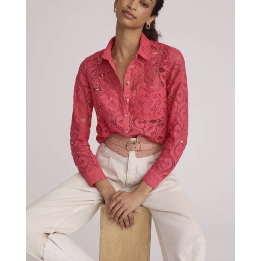 NWT Anthropologie Maeve Pink Open Lace Button Shirt Overlay Roll Tab Size 8 $120
